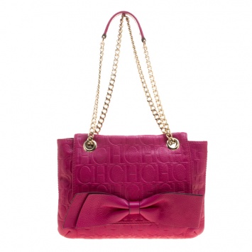 Pre Owned Carolina Herrera Hot Pink Monogram Leather Audrey Shoulder Bag