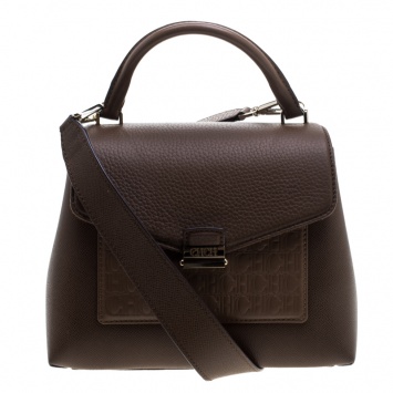 Pre Owned Carolina Herrera Brown Monogram Leather Top Handle Bag