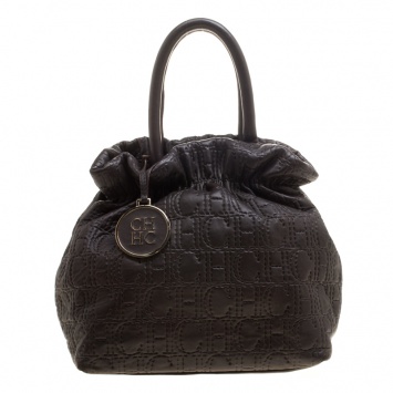 Pre Owned Carolina Herrera Black Monogram Embossed Leather Tote