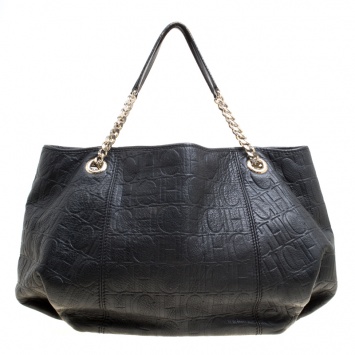 Pre Owned Carolina Herrera Black Monogram Leather Shoulder Bag