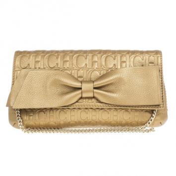 Pre Owned Carolina Herrera Gold Monogram Embossed Bow Bag