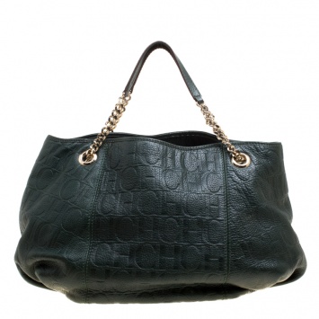 Pre Owned Carolina Herrera Black Monogram Leather Poppy Hobo