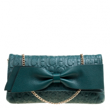 Pre Owned Carolina Herrera Green Monogram Leather Bow Clutch