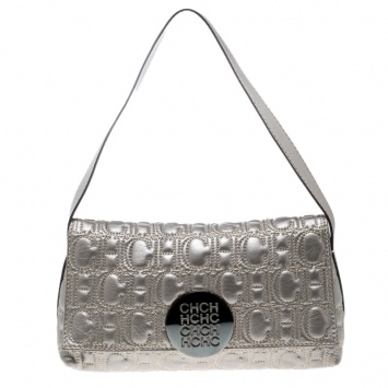 Pre Owned Carolina Herrera Metallic Grey Monogram Leather Shoulder Bag