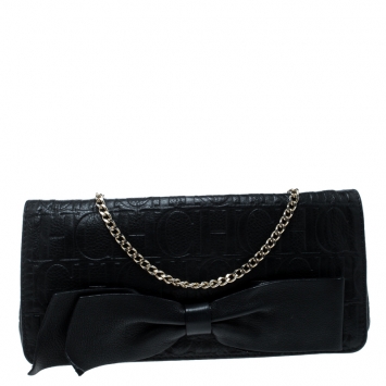Pre Owned Carolina Herrera Black Monogram Embossed Bow Shoulder Bag