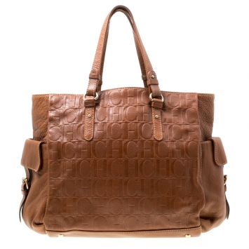 Pre Owned Carolina Herrera Brown Monogram Leather Shopper Tote