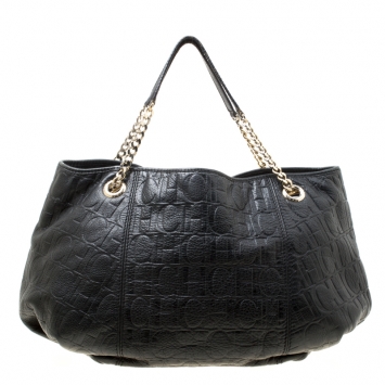 Pre Owned Carolina Herrera Black Monogram Leather Poppy Tote