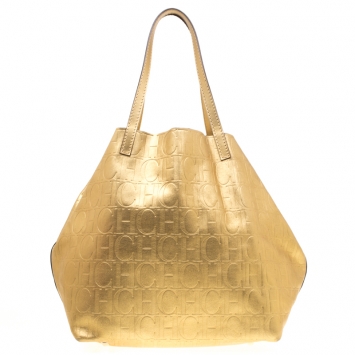 Pre Owned Carolina Herrera Gold Monogram Leather Matryoshka Tote