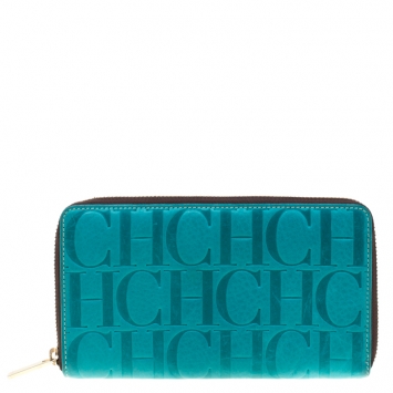 Pre Owned Carolina Herrera Blue Monogram Leather Zip Around Wallet