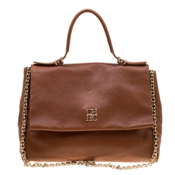 Pre Owned Carolina Herrera Brown Leather Minuetto Top Handle Flap Shoulder Bag