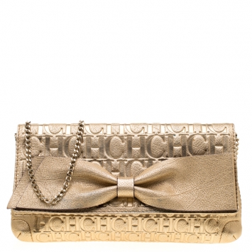 Pre Owned Carolina Herrera Gold Monogram Leather Bow Bag