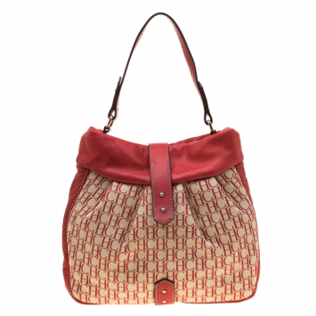 Pre Owned Carolina Herrera Red Canvas and Leather Monogram Hobo