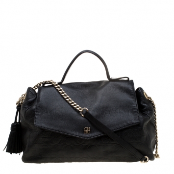 Pre Owned Carolina Herrera Black Monogram Embossed Leather Satchel