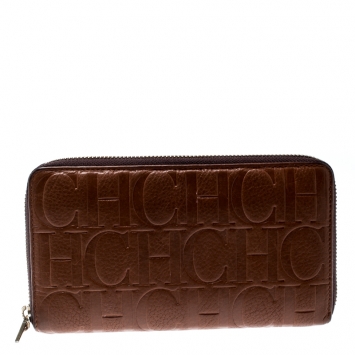 Pre Owned Carolina Herrera Brown Monogram Leather Zip Around Wallet