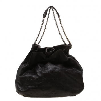 Pre Owned Carolina Herrera Dark Brown Monogram Embossed Leather Bow Bucket Shoulder Bag