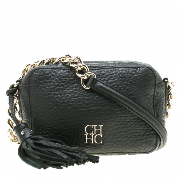 Pre Owned Carolina Herrera Black Leather Mini Tassel Crossbody Bag