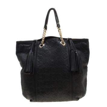 Pre Owned Carolina Herrera Black Monogram Leather Tassel Tote 
