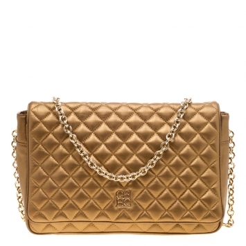 Pre Owned Carolina Herrera Gold Quilted Leather Flap Chain Shoulder Bag