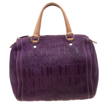 Pre Owned Carolina Herrera Purple Leather Monogram Embossed Andy Boston Bag