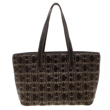 Pre Owned Carolina Herrera Dark Brown Signature Leather Tote