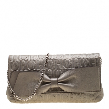 Pre Owned Carolina Herrera Light Grey Leather Bow Shoulder Bag