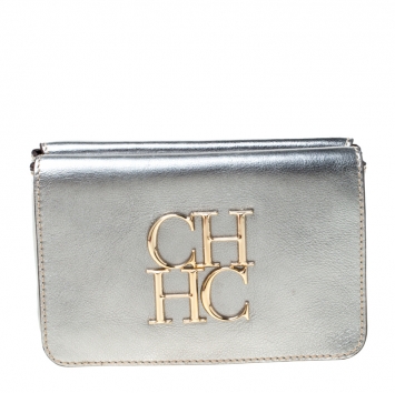 Pre Owned Carolina Herrera Silver Leather Clutch