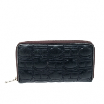 Pre Owned Carolina Herrera Navy Blue Monogram Leather Zip Around Wallet