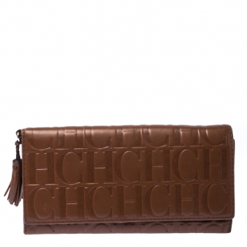 Pre Owned Carolina Herrera Brown Monogram Leather Tassel Continental Wallet