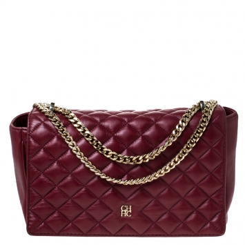 Pre Owned Carolina Herrera Red Quilted Leather Flap Chain Shoulder Bag