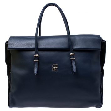 Pre Owned Carolina Herrera Navy Blue/Black Leather Flap Satchel  