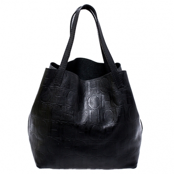Pre Owned Carolina Herrera Black Monogram Leather Matryoshka Tote