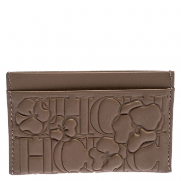 Pre Owned Carolina Herrera Beige Leather Embossed Card Holder