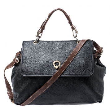 Pre Owned Carolina Herrera Black/Brown Monogram Embossed Leather Top Handle Bag