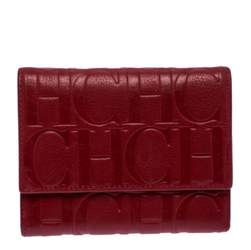 Pre Owned Carolina Herrera Red Monogram Leather Tri Fold Compact Wallet