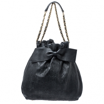 Pre Owned Carolina Herrera Black Embossed Leather Bow Bucket Shoulder Bag