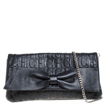 Pre Owned Carolina Herrera Black Monogram Embossed Leather Bow Shoulder Bag