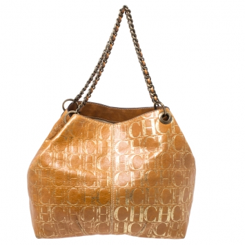 Pre Owned Carolina Herrera Brown/Gold Monogram Leather Chain Shoulder Bag