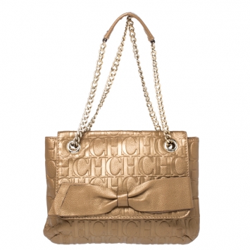 Pre Owned Carolina Herrera Bronze Monogram Leather Audrey Shoulder Bag