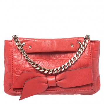 Pre Owned Carolina Herrera Orange Monogram Leather Audrey Shoulder Bag