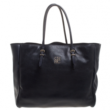 Pre Owned Carolina Herrera Navy Blue Leather Shopper Tote