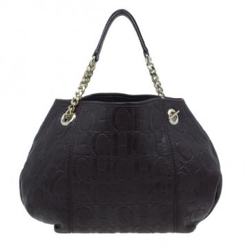 Pre Owned Carolina Herrera Brown Monogram Celidonia Chain Handle Tote