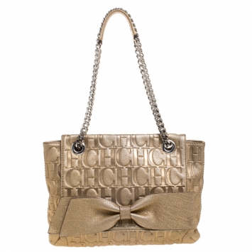 Pre Owned Carolina Herrera Gold Monogram Embossed Leather Bow Flap Shoulder Bag