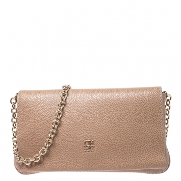 Pre Owned Carolina Herrera Beige Leather Flap Crossbody Bag