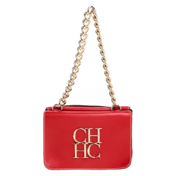 Pre Owned Carolina Herrera Red Leather Shoulder Bag 