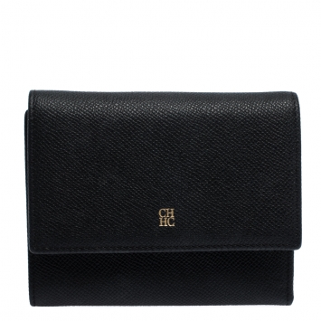 Pre Owned Carolina Herrera Black Leather Trifold  Wallet