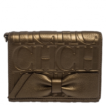 Pre Owned Carolina Herrera Metallic Gold Leather Gigi Trifold Wallet