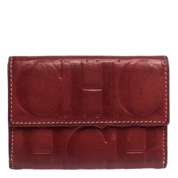 Pre Owned Carolina Herrera Red Monogram Leather Flap Compact Wallet