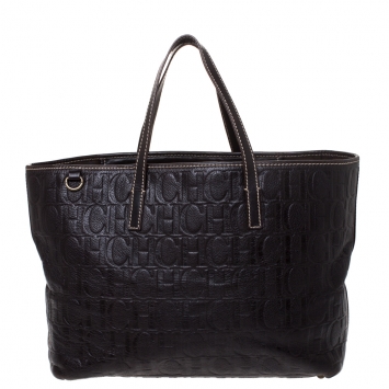 Pre Owned Carolina Herrera Dark Brown Monogram Embossed Leather Tote