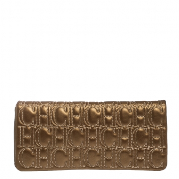 Pre Owned Carolina Herrera Gold Monogram Leather Flap Clutch