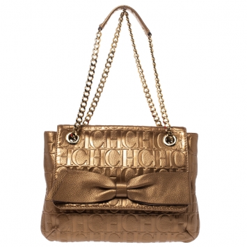 Pre Owned Carolina Herrera Gold Monogram Leather Audrey Shoulder Bag